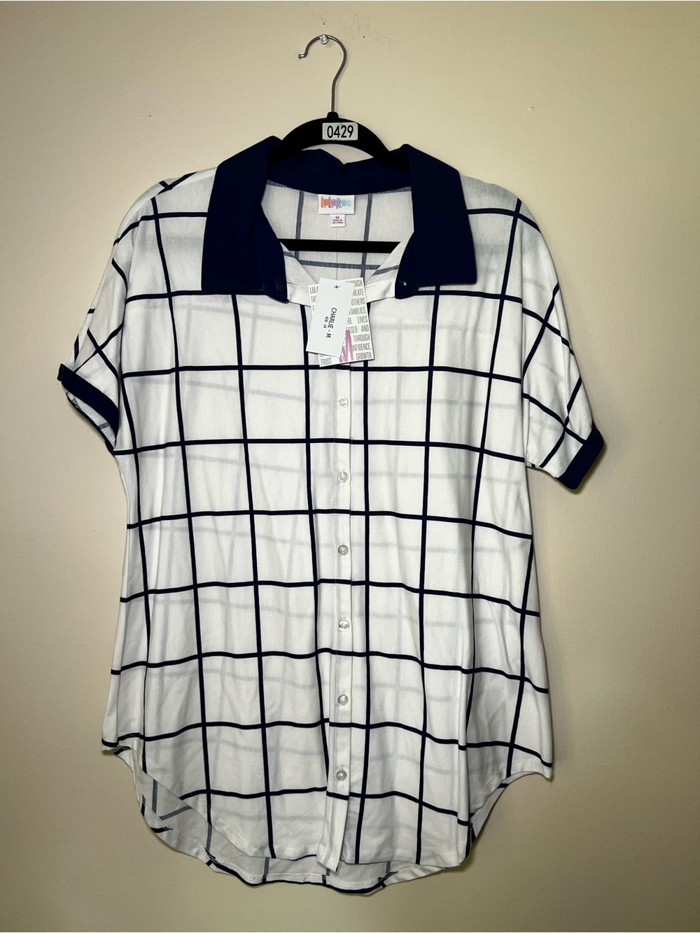 LuLaRoe Charlie White Top with Navy Windowpane and Contrast Collar